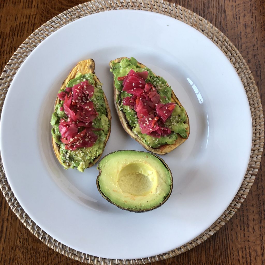 Sweet Potato Toast with Sauerkraut and Avocado